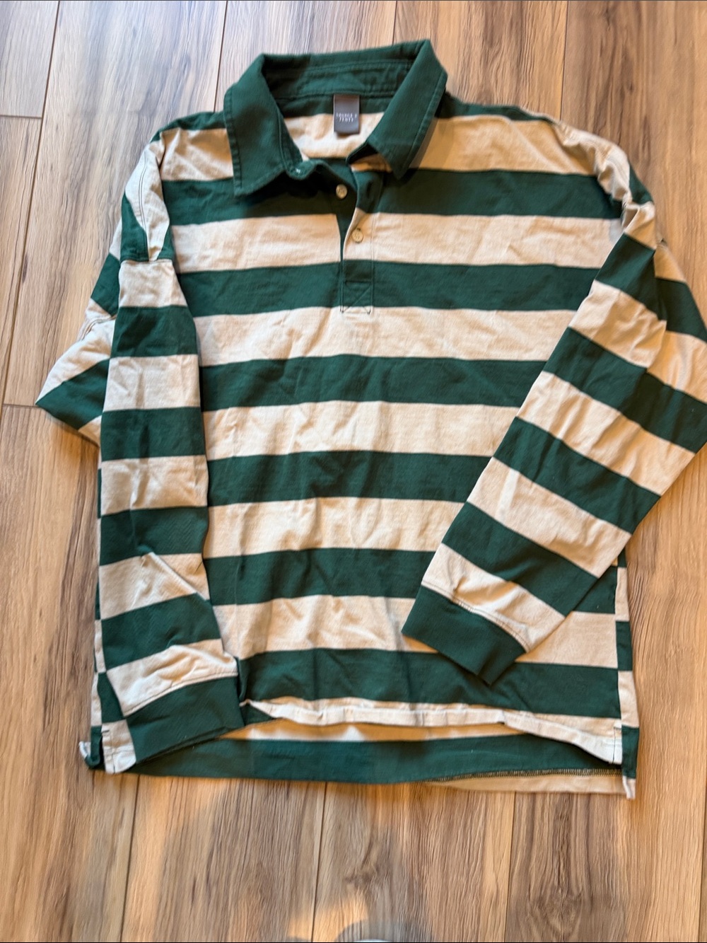 Savage X Fenty Green and Cream Striped Long-Sleeve Polo